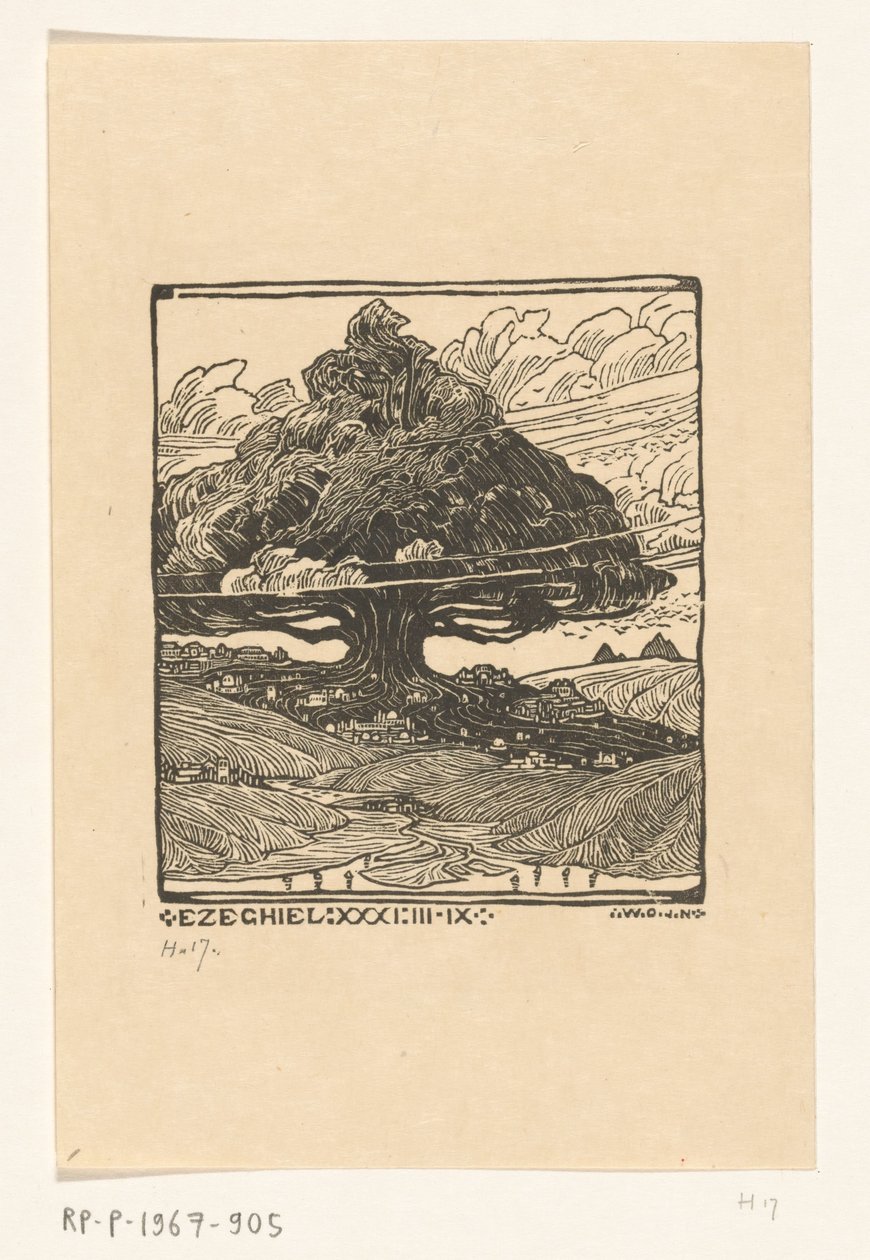 Byer under et cedertræ i et bjerglandskab Dream Face of Ezekiel (original titel) af Wijnand Otto Jan Nieuwenkamp