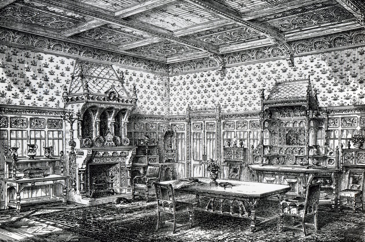 Design til en gotisk spisestue, udgivet i The House-Furnisher & Decorator, 1. september 1872 af Wilberforce Haddon