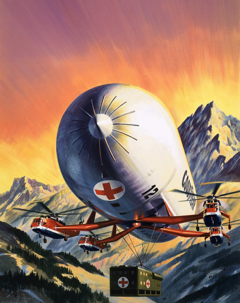 En futuristisk kombination af helikoptere og luftskibe, der bruges til at transportere store laster. af Wilf (20th century) Hardy