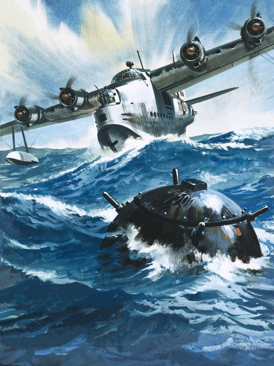 Da flyverofficer G. O. Singleton satte motoren i Short Sunderland i gang, så han en drivende mine ... af Wilf (20th century) Hardy