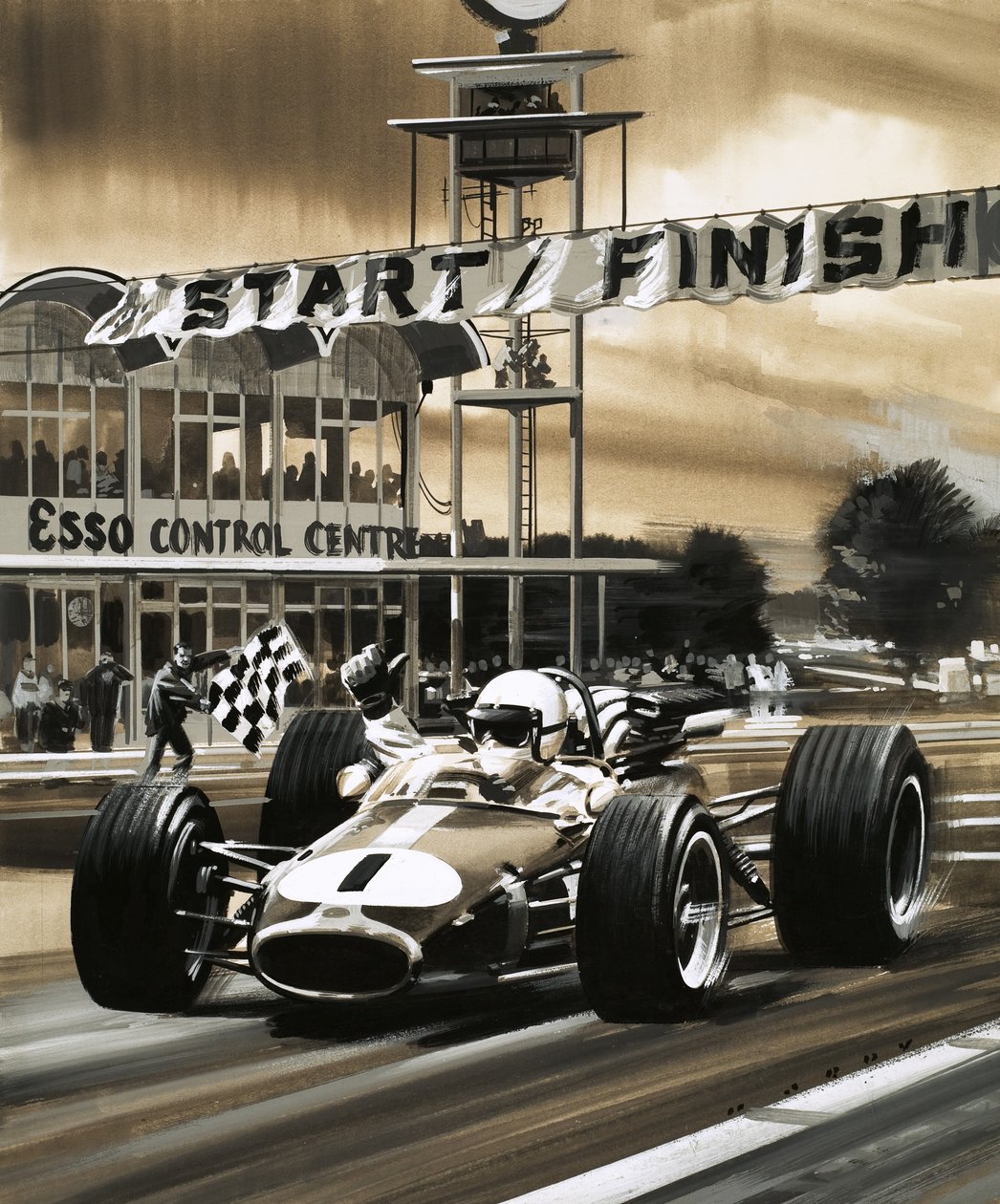 Jack Brabham giver tommelfingeren op, da han vinder det første canadiske Grand Prix nogensinde. af Wilf (20th century) Hardy