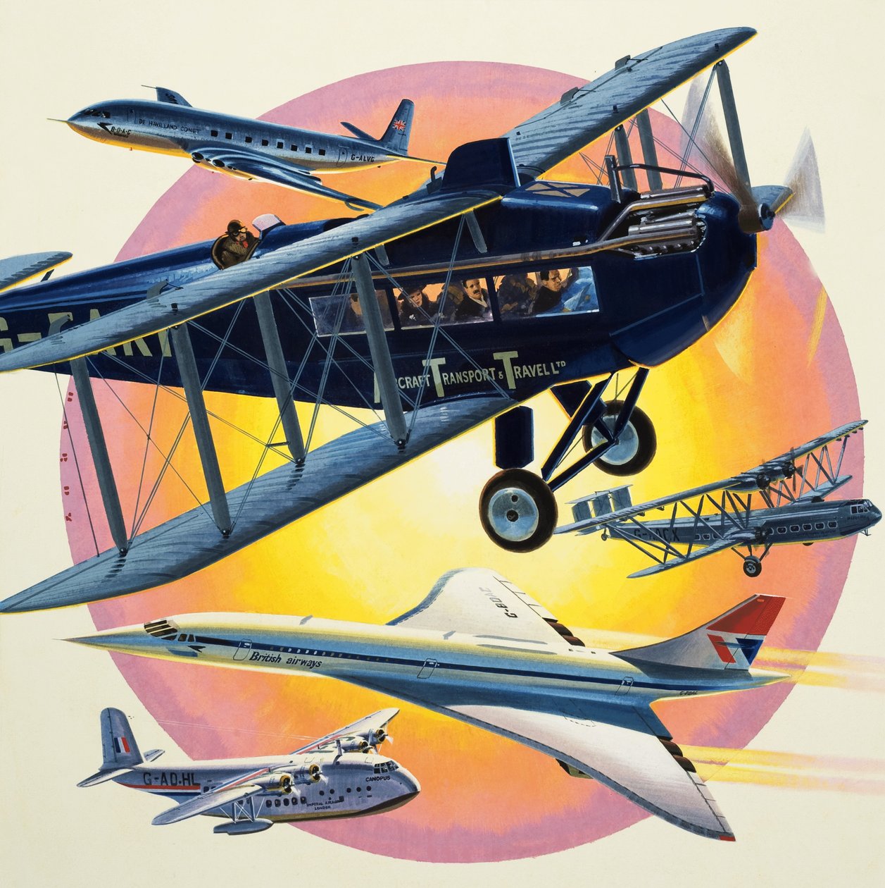 Montage af passagerfly, herunder Concorde (gouache på papir) af Wilf (20th century) Hardy