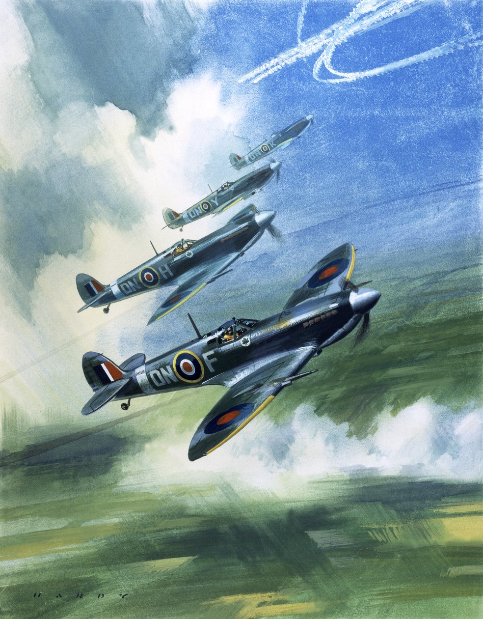 Patruljerende fly fra 416 Squadron, Royal Canadian Air Force, Spitfire Mark 9s (gouache på papir) af Wilf (20th century) Hardy