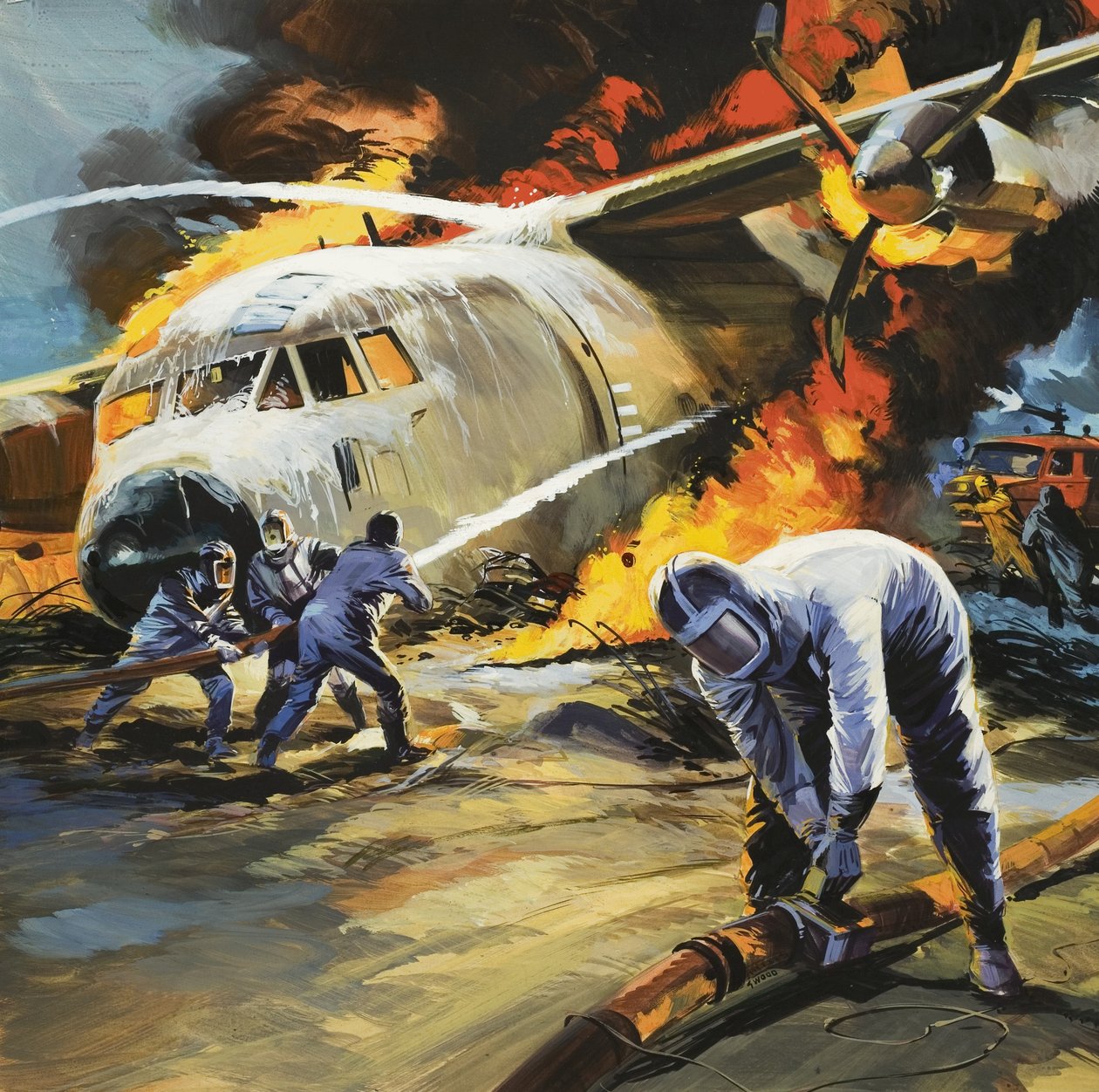 Slukning af brand efter en flyulykke af Wilf (20th century) Hardy