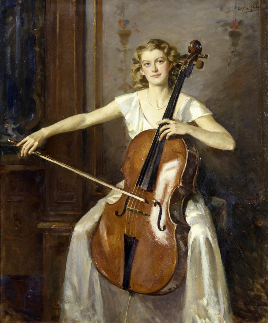 Portræt af Florence Hooton, der spiller cello. Af Wilfred de Glehn af Wilfred Gabriel de Glehn