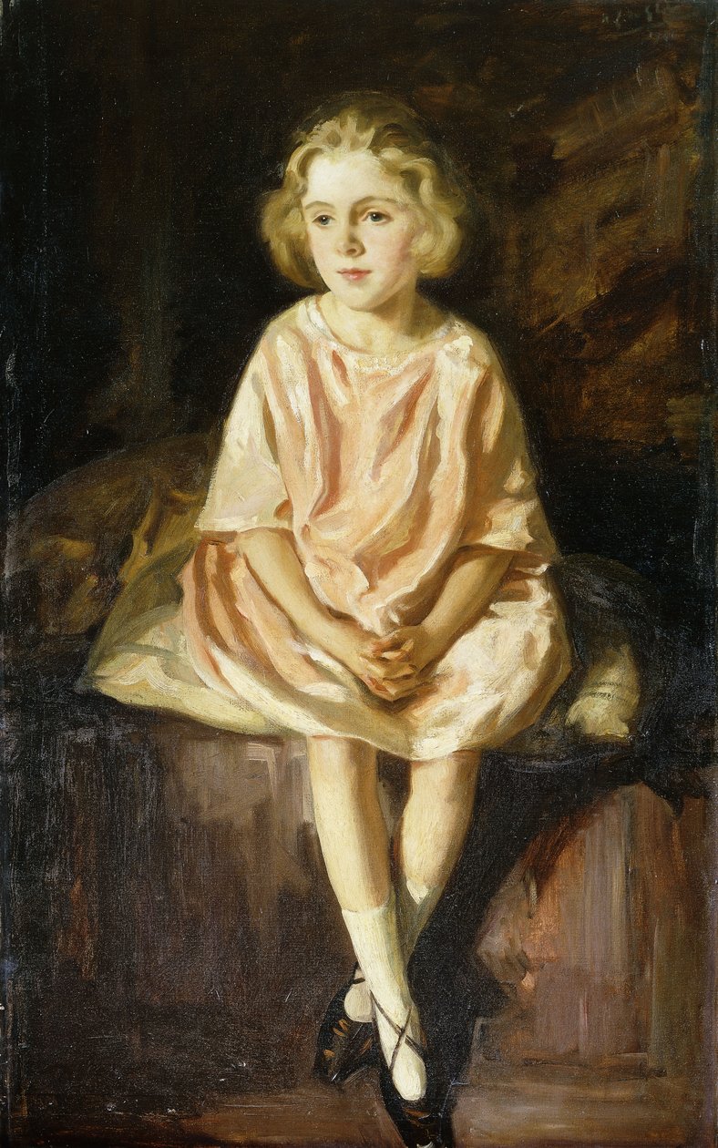 Portræt af Miss Vincent siddende i en lyserød kjole af Wilfred Gabriel de Glehn