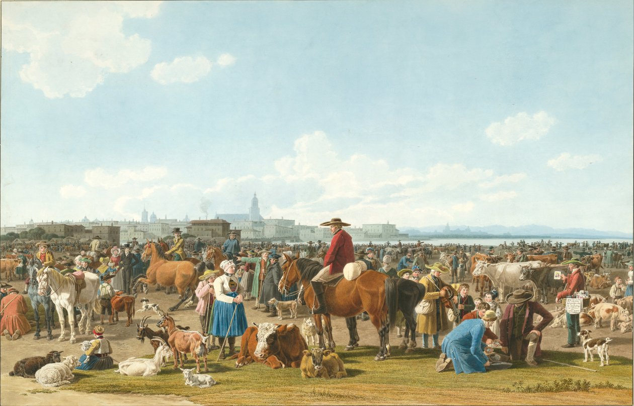 Kvægmarked før en stor by på en sø, 1820 af Wilhelm Alexander Kobell