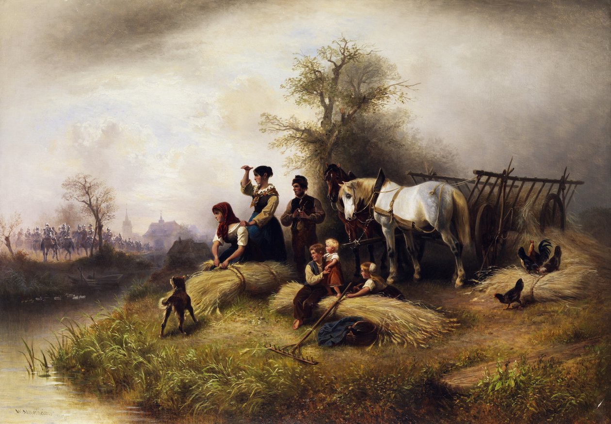 En bondes familie ved kornhøsten observerer et kavaleritog af Wilhelm Meyerheim