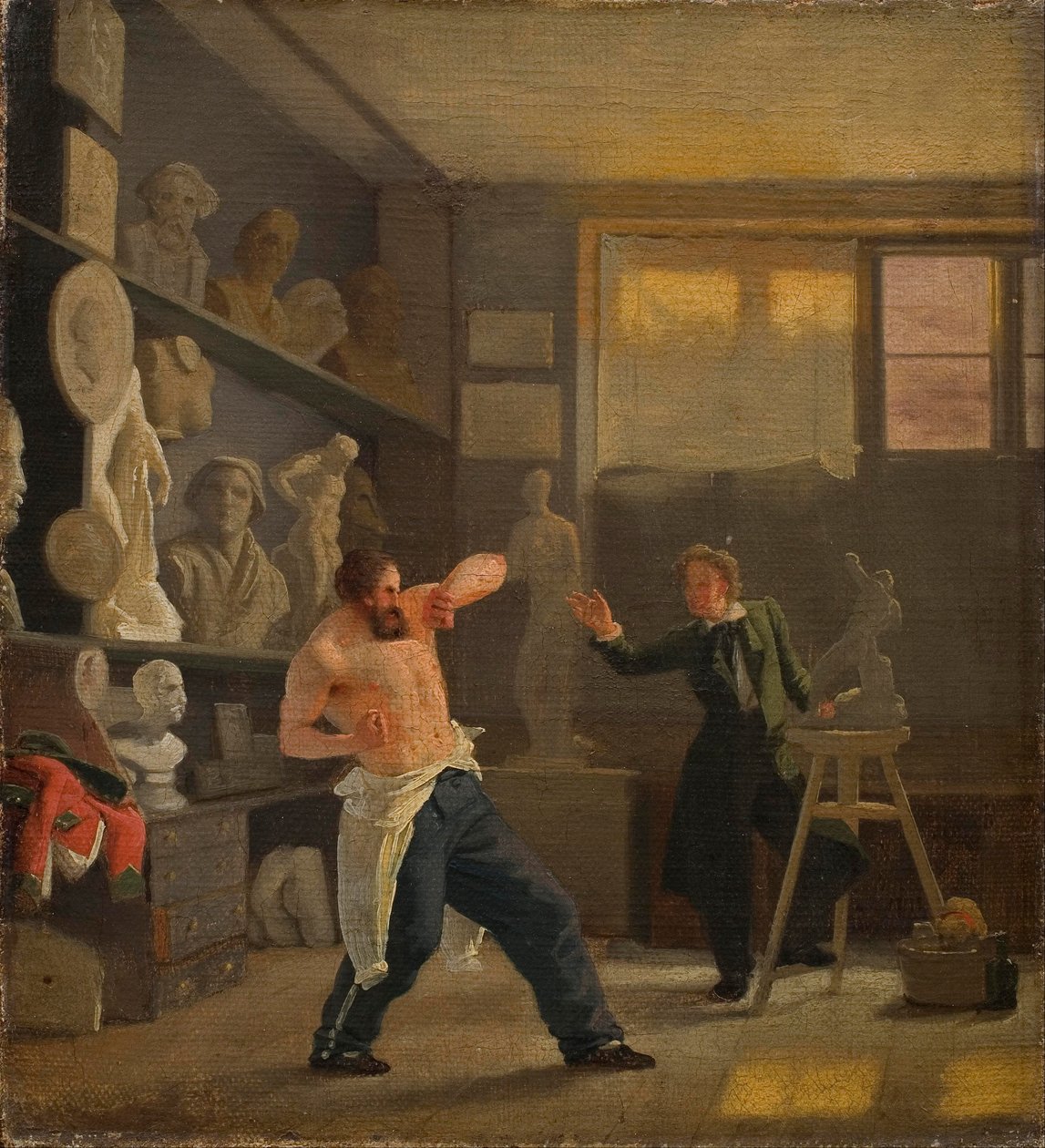 En billedhugger i sit atelier, der arbejder ud fra livet. Medaljevinderen Christen Christensen. af Wilhelm Bendz