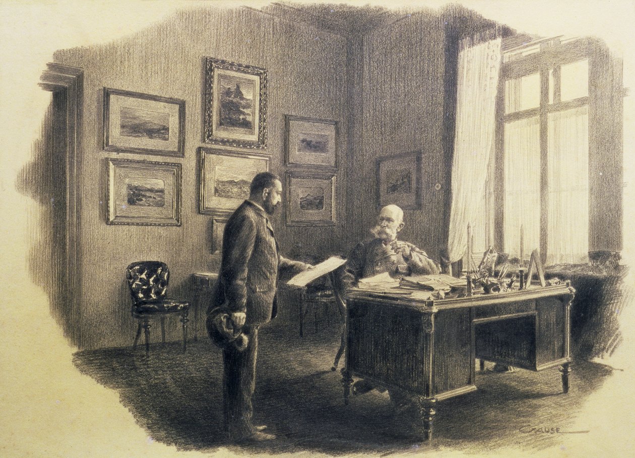 Kejser Franz Joseph I af Østrig (1830-1916) ved sit skrivebord ved Jagdrock (blyant) af Wilhelm Gause