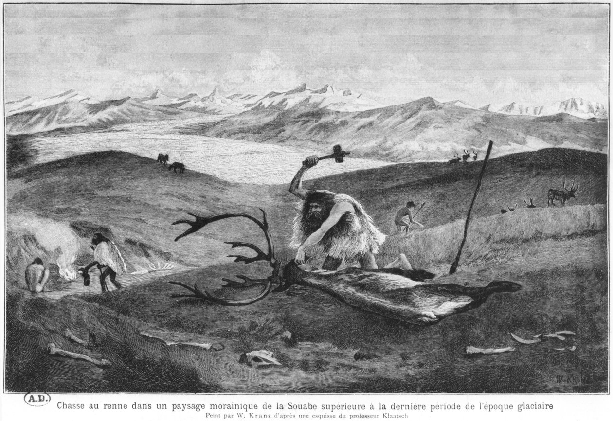 Rensdyrjagt under den sene istid i et morænelandskab af høj Souabe, efter en skitse af professor Klaatsch, ca. 1900 af Wilhelm Kranz