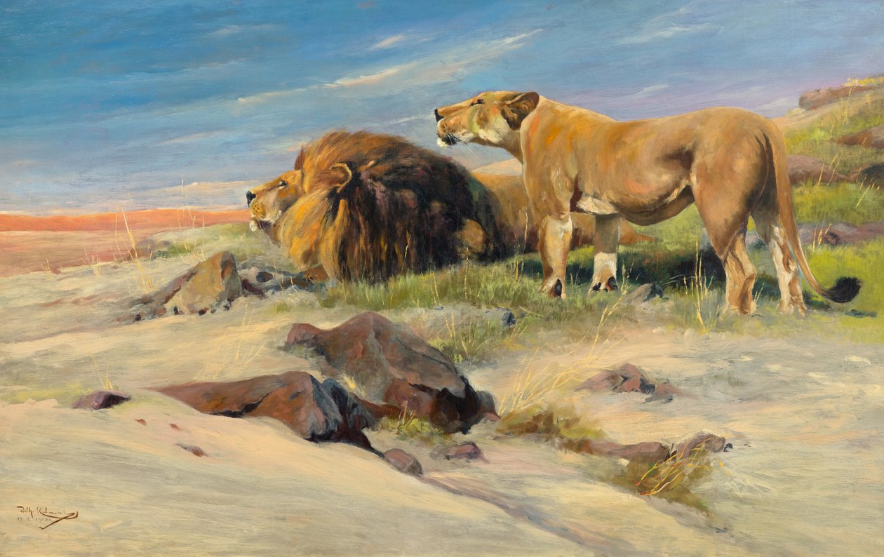 Par løver i steppen af Wilhelm Kuhnert