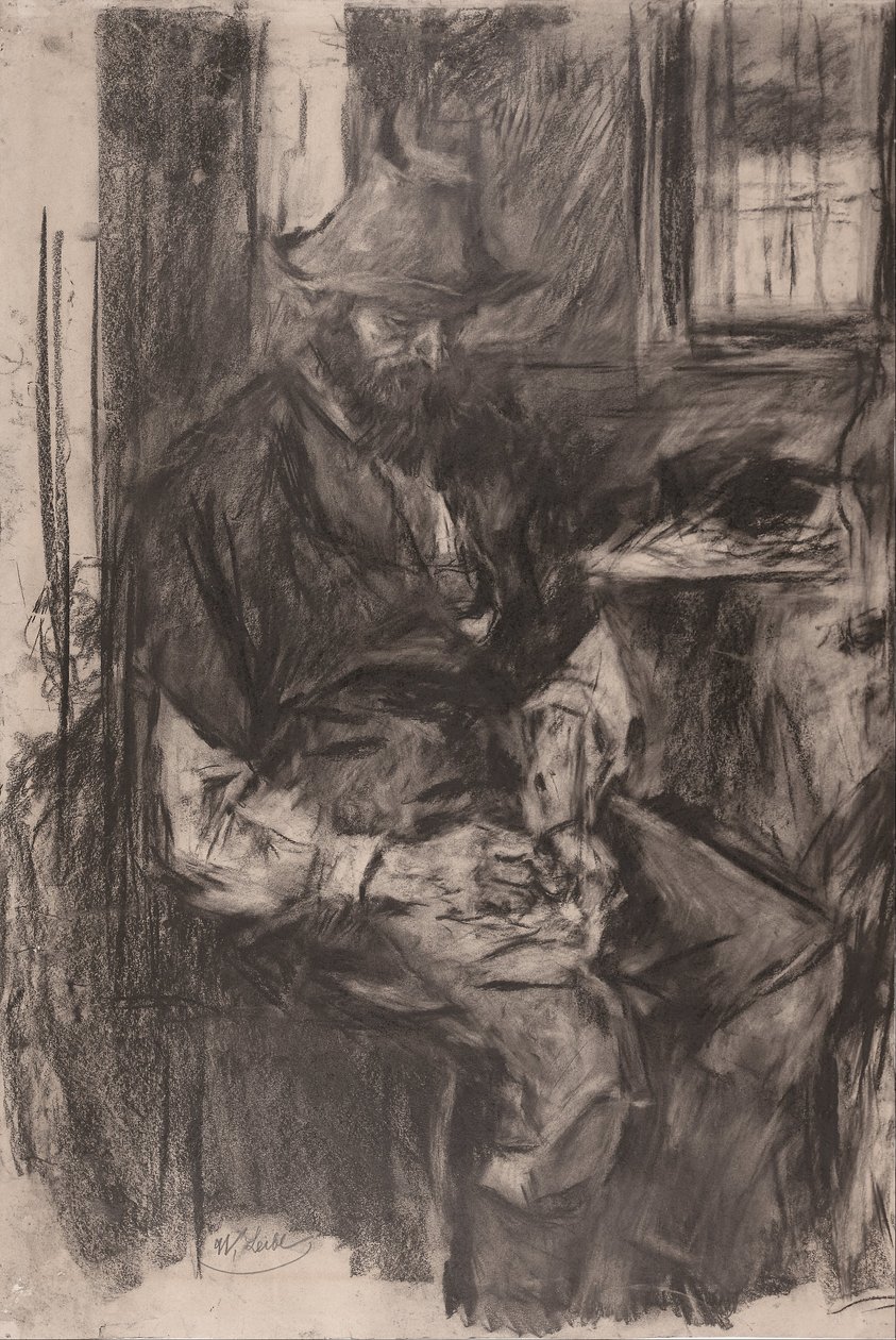 Landmand ved et bord, fyldning af hans rør, 1894 af Wilhelm Maria Hubertus Leibl