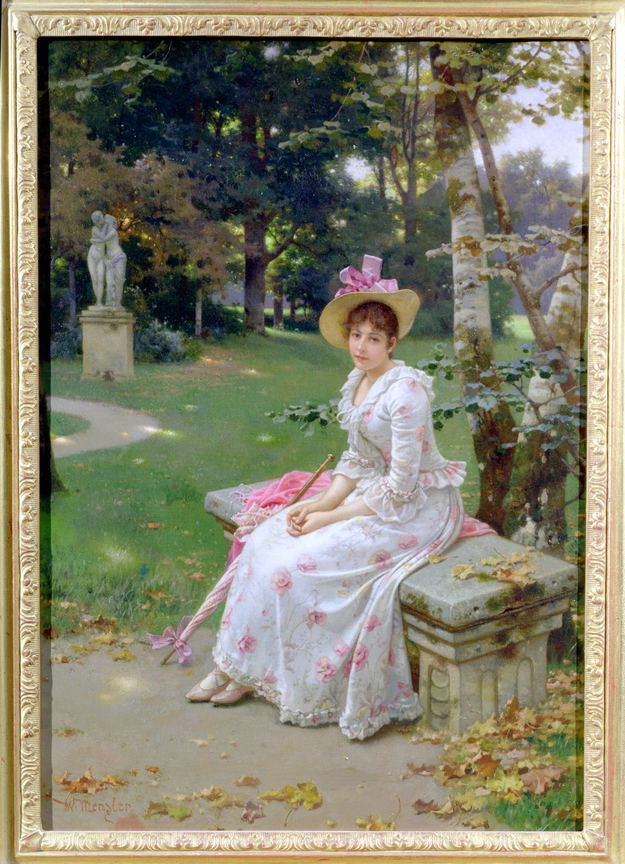 Ung kvinde venter på en parkbænk med en parasol af Wilhelm Menzler