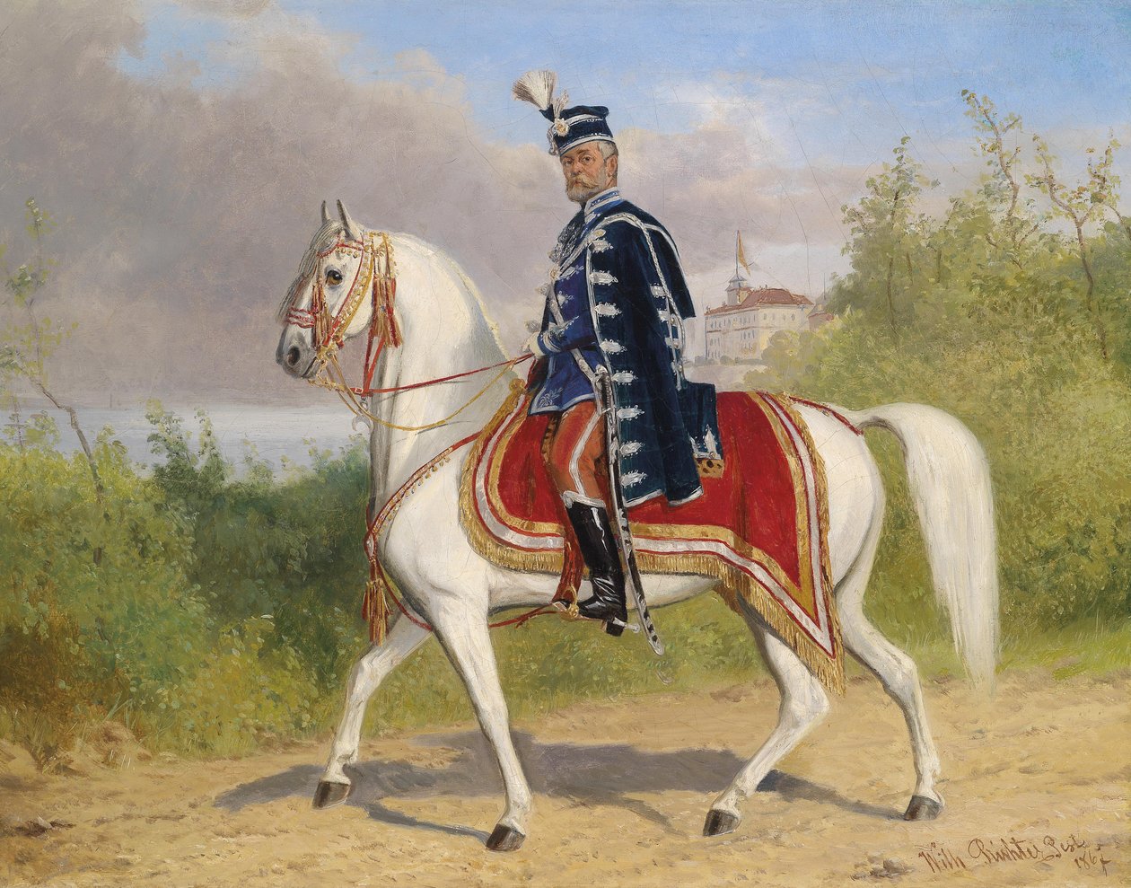 Ungarsk adelsmand (medlem af overkammeret) til hest, i baggrunden Acsa Castle af Wilhelm Richter