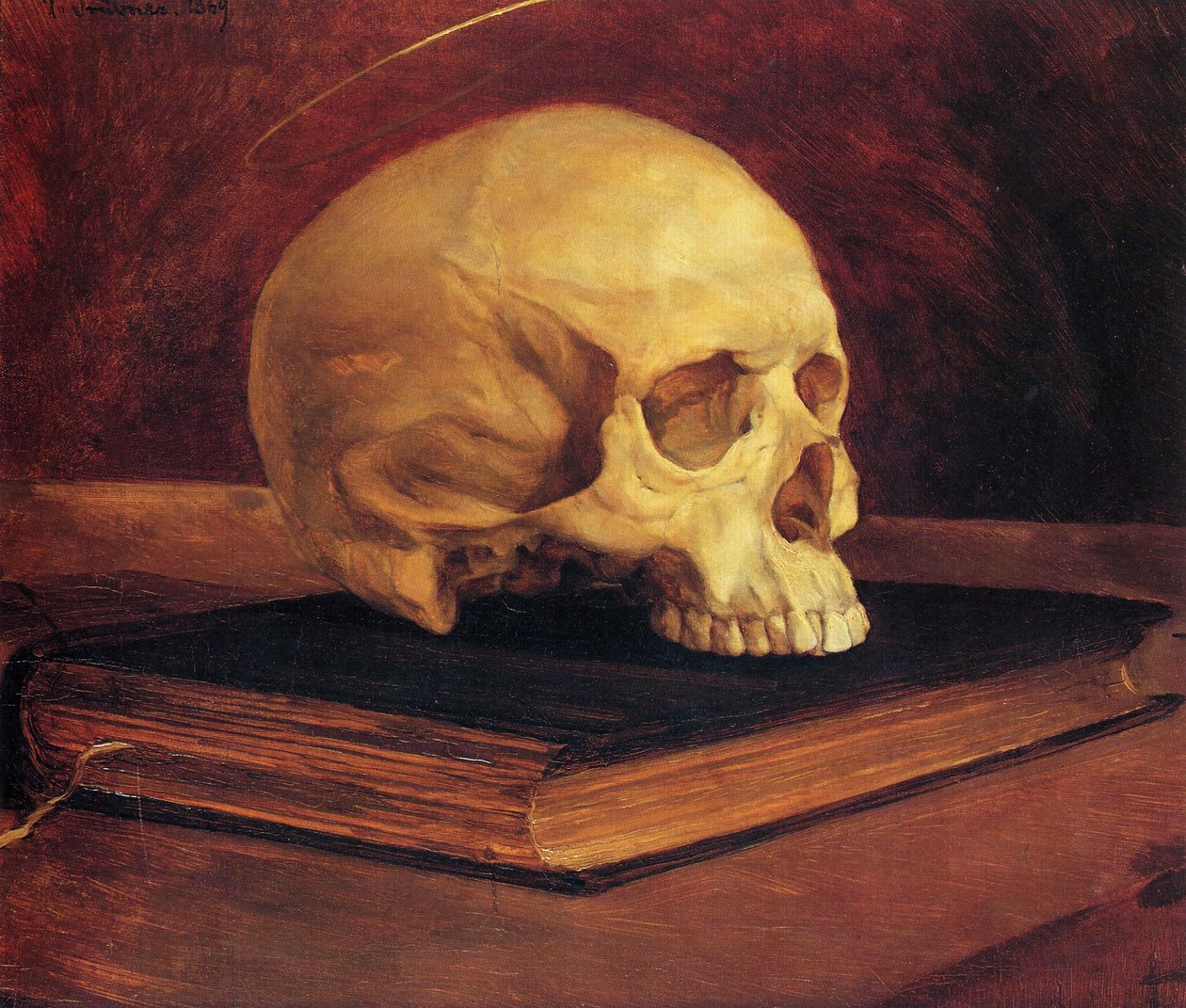 Vanitas stilleben. Kranium på en bog af Wilhelm Trübner