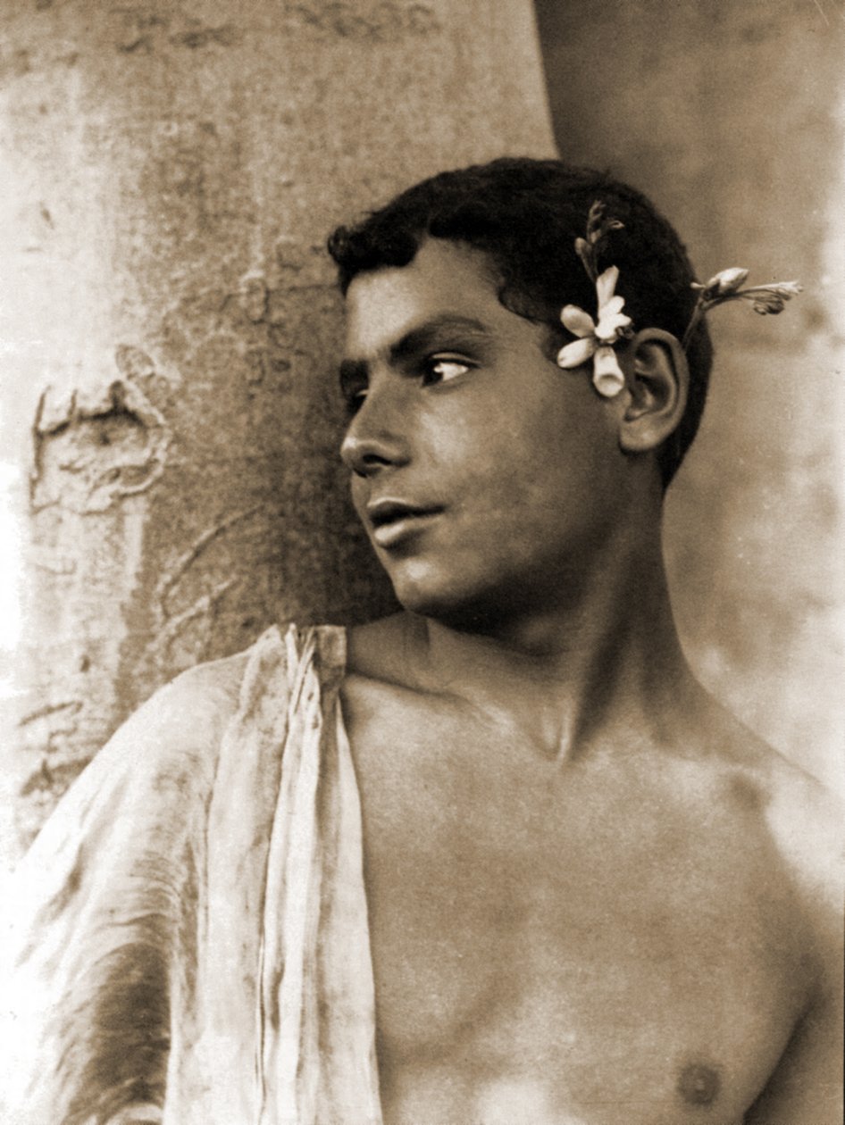 Studie af en dreng med blomster i håret, Napoli, ca. 1899 (sepiafoto) af Baron Wilhelm von Gloeden