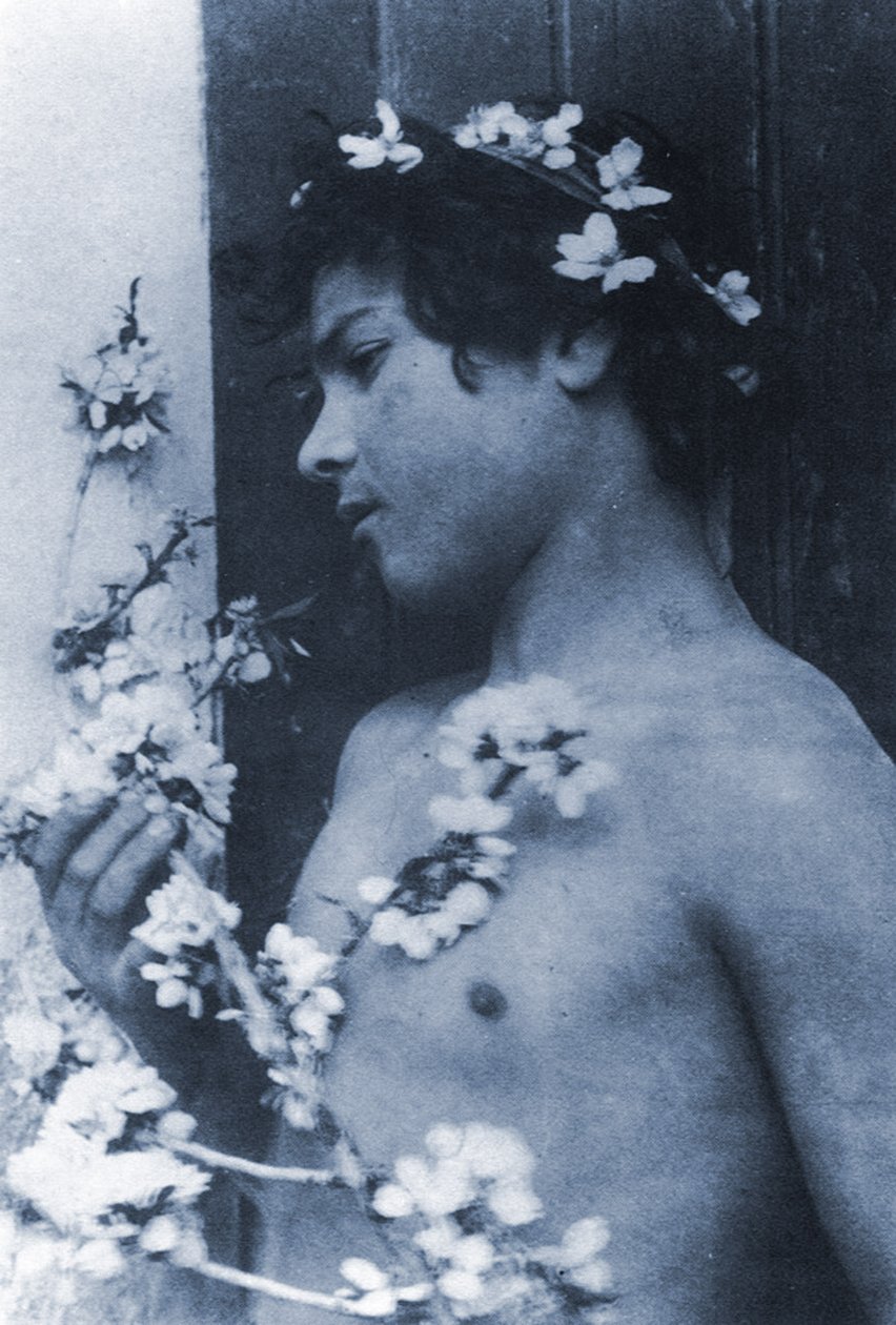Studie af en ung dreng med blomster i håret, ca. 1899 (cyanotype) af Baron Wilhelm von Gloeden