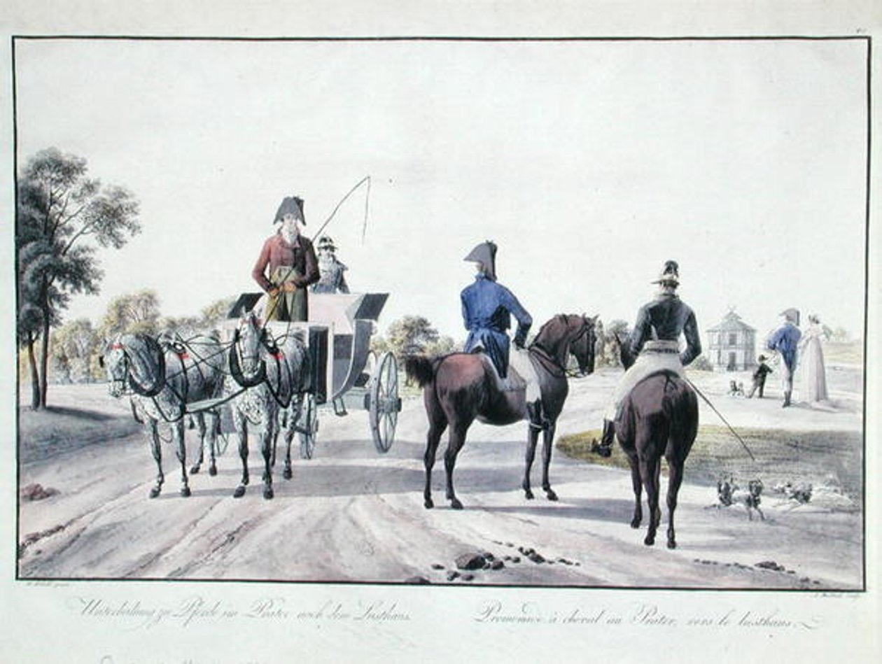 Ridning i Prater Park, Wien, graveret af Adam von Bartsch (1757-1821) 1804 (farvet gravering) af Wilhelm Alexander (after) Kobell