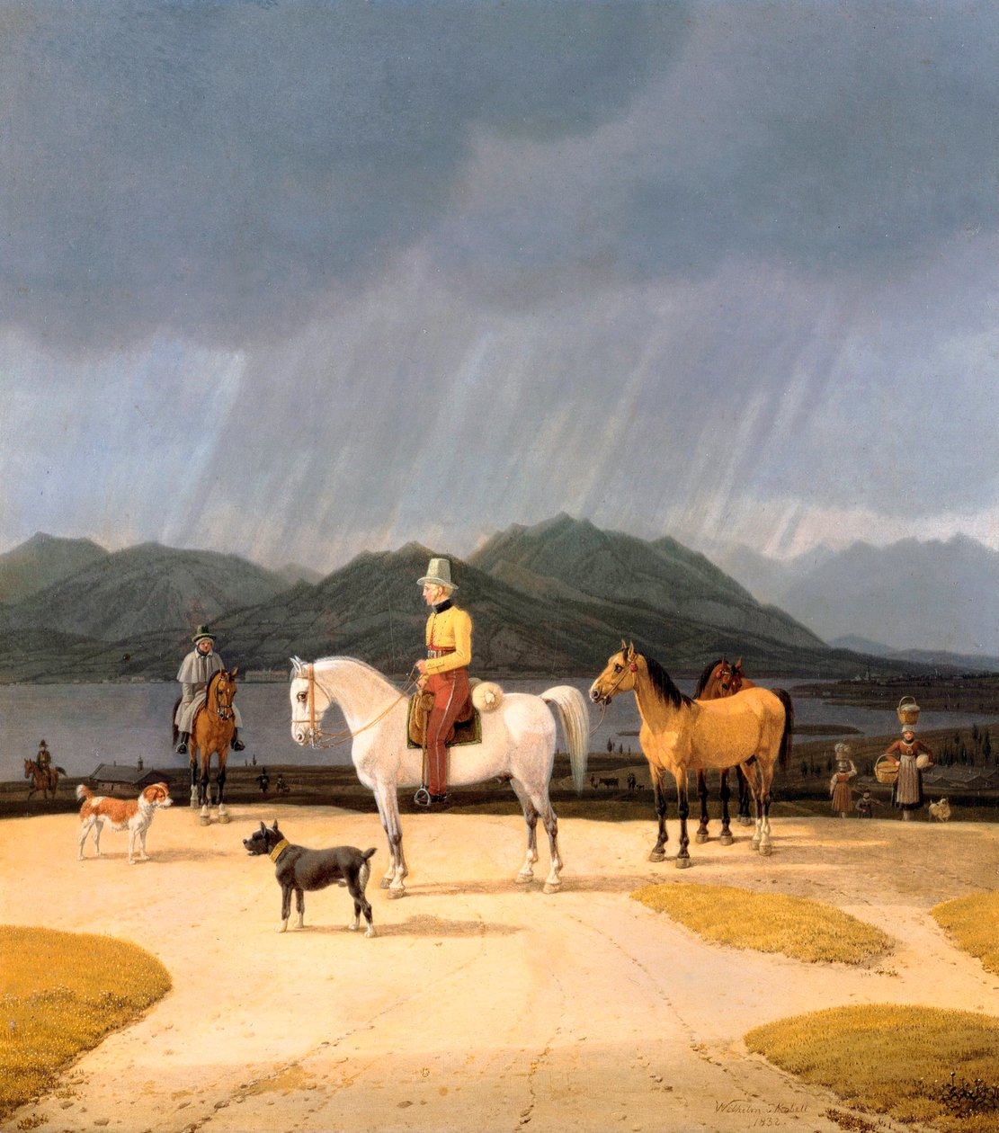 ""Cavaliers sur le lac Tegern Allemagne"" (Ryttere ved Tegernsee) Peinture de Wilhelm Ritter von Kobell (1766-1853) 1832 Olie på træ Dim 282x263 cm Statsmuseer, Berlin af Wilhelm Alexander Kobell
