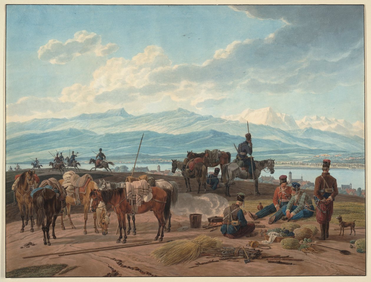 Halt af russiske kosakker - Kobell, Wilhelm, Ritter von (1766-1853) - 1804 - Akvarel på papir - 36,8x48,2 - Privat samling af Wilhelm Alexander Kobell