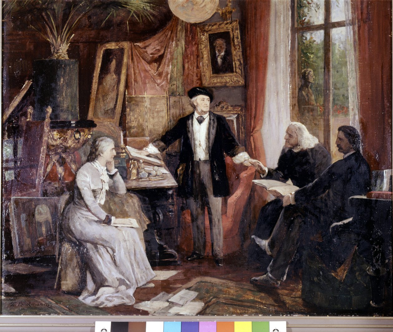 Fra venstre mod højre: Cosima Wagner, Richard Wagner, Franz Liszt og Walsogen på Villa Wahfried i Bayreuth. maleri af Beckmann af Wilhelm Beckmann