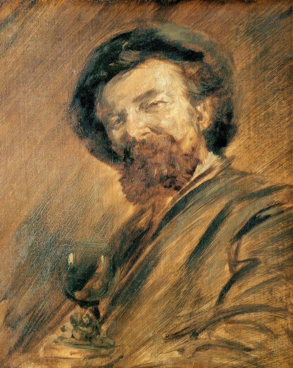 Selvportræt med vinglas af Wilhelm Busch