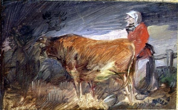 Kvinde og en ko i et landskab af Wilhelm Busch