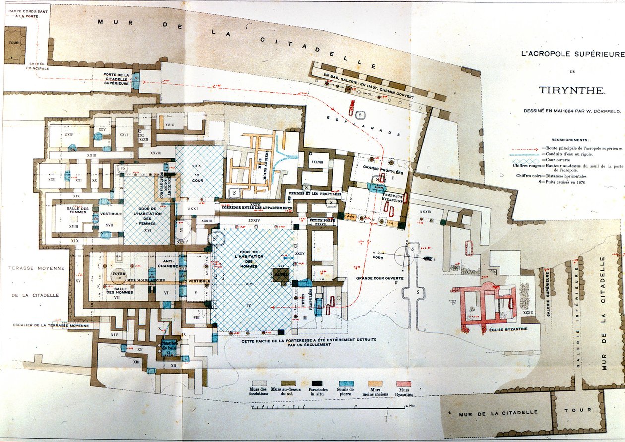 Kort over den antikke by Grækenland Tiryns, Heinrich Schliemann, Paris af Wilhelm Doerpfeld