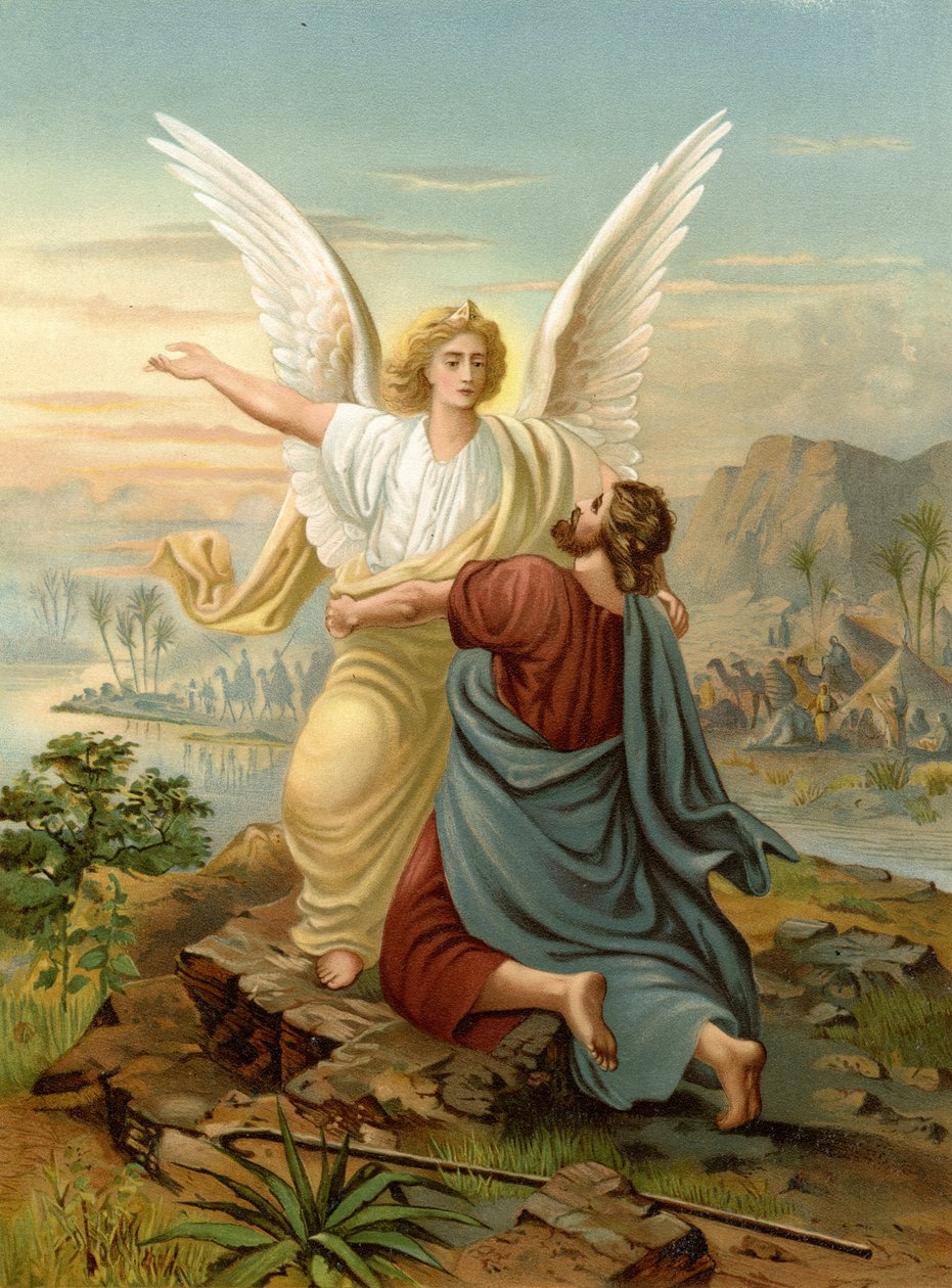 Jakob kæmper med en engel (farve litho) af Wilhelm Ebbinghaus