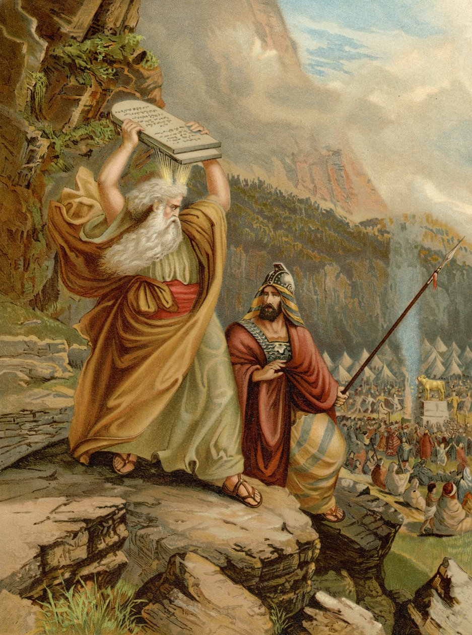 Moses ødelægger lovens tabeller (farve litho) af Wilhelm Ebbinghaus