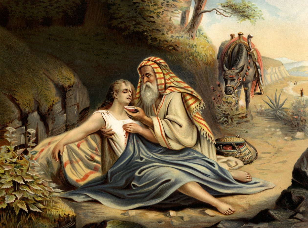 Den barmhjertige samaritaner (farve litho) af Wilhelm Ebbinghaus