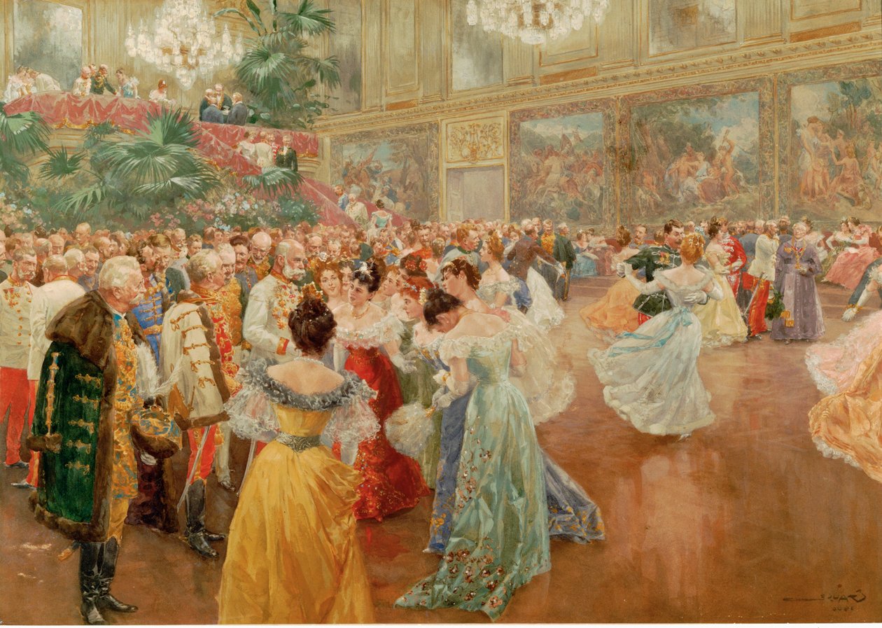 Courtball i Redoutensaele, kejserpaladset, Wien ... (akvarel) af Wilhelm Gause