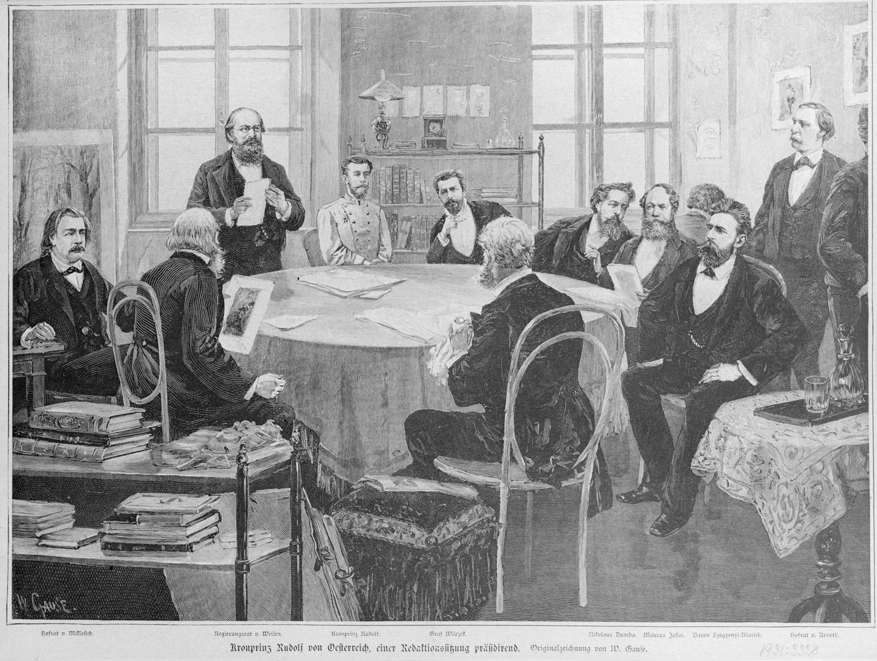 Kronprins Rudolf ved et redaktionsmøde (træsnit) af Wilhelm Gause