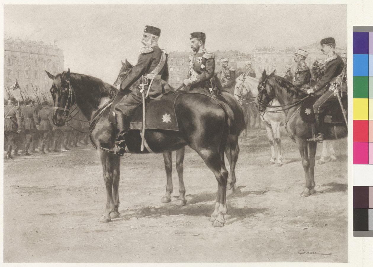 Kejser Franz Joseph I og zar Nikolaus II ved paraden på Champ-de-Mars i Skt. Petersborg af Wilhelm Gause