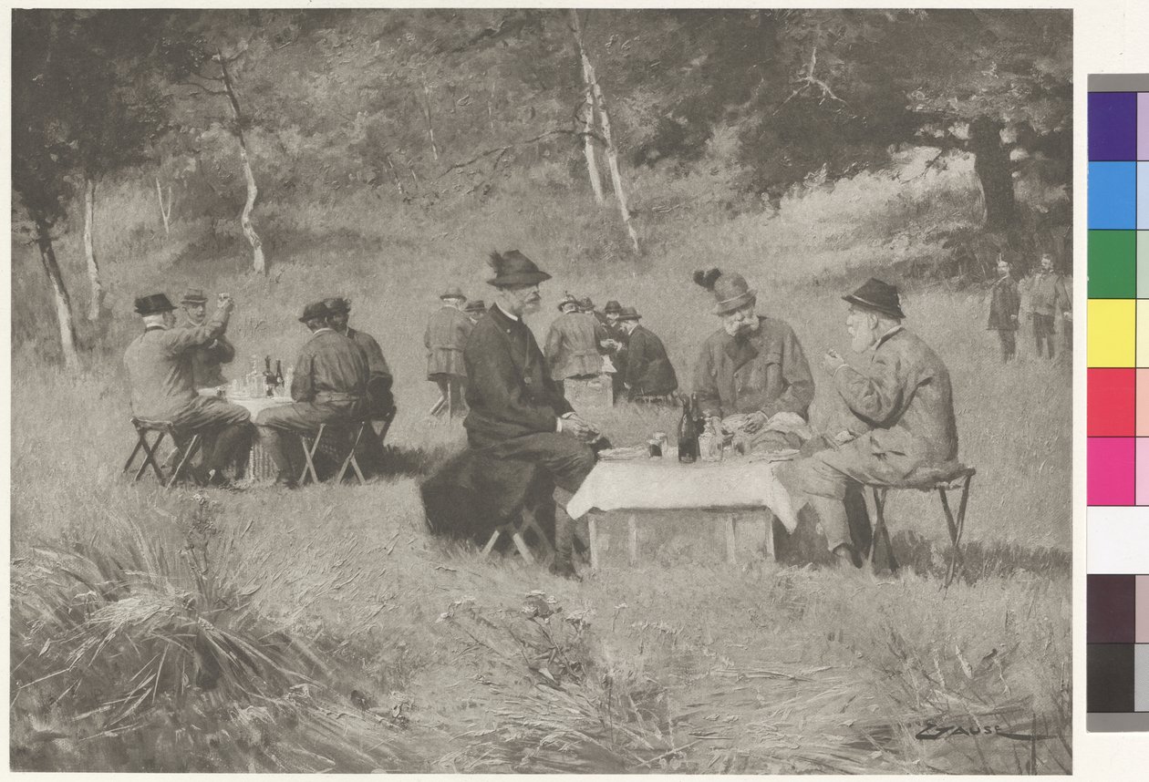 Jagtselskab - kejser Franz Joseph til bords med prins Leopold af Bayern og storhertug Ferdinand IV fra Toscana af Wilhelm Gause