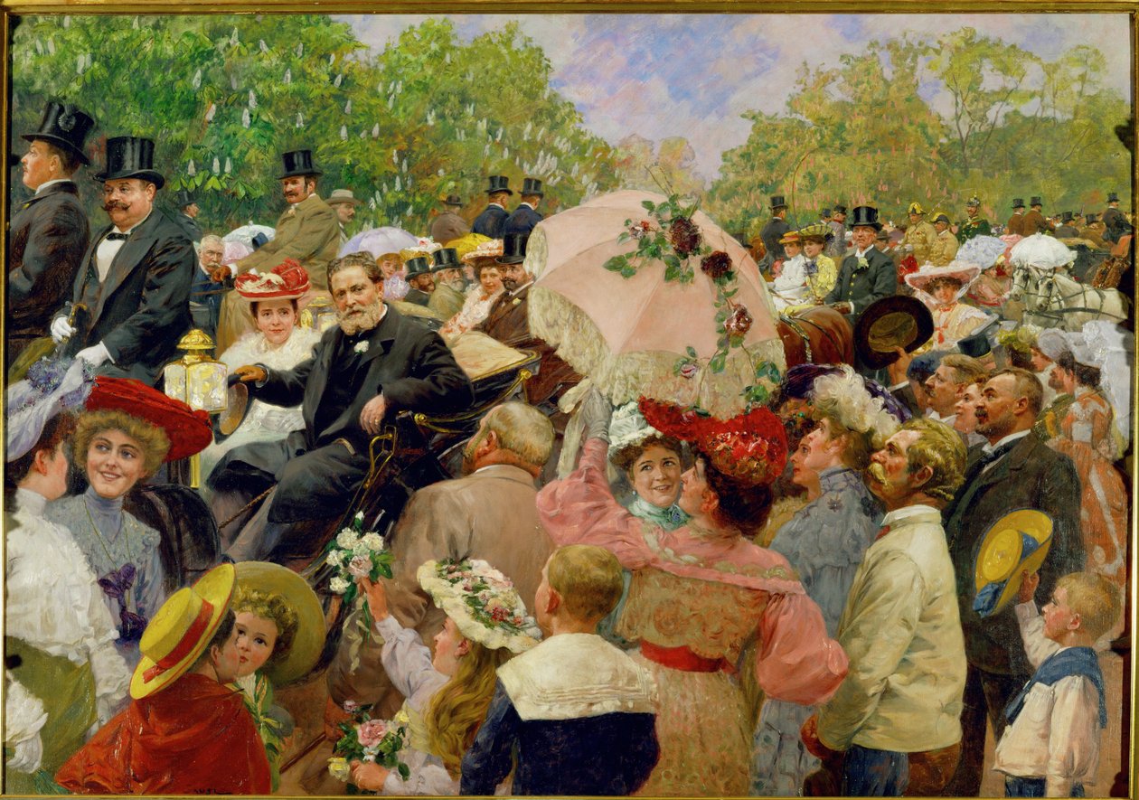 Wiens overborgmester Karl Lueger kører i sin karet under blomsterkoret i Wiens Prater i ... af Wilhelm Gause