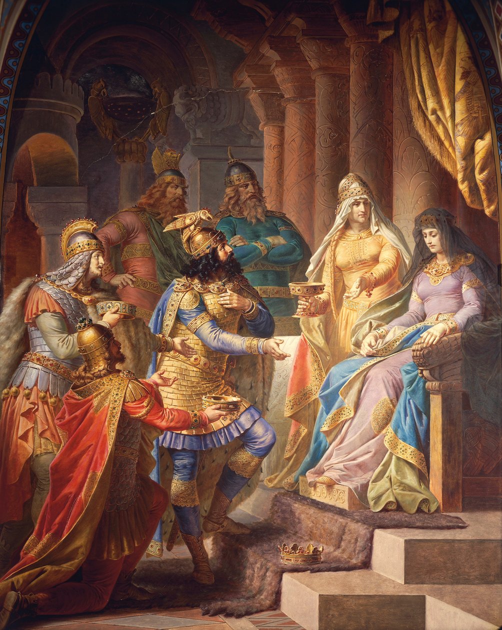 Gudrun indvilliger i at gifte sig med Attila, Hunnernes Konge, fra Gudrun Sagaen, Øvre Sal, ca. 1883-84 (vægmaleri) af Wilhelm Hauschild