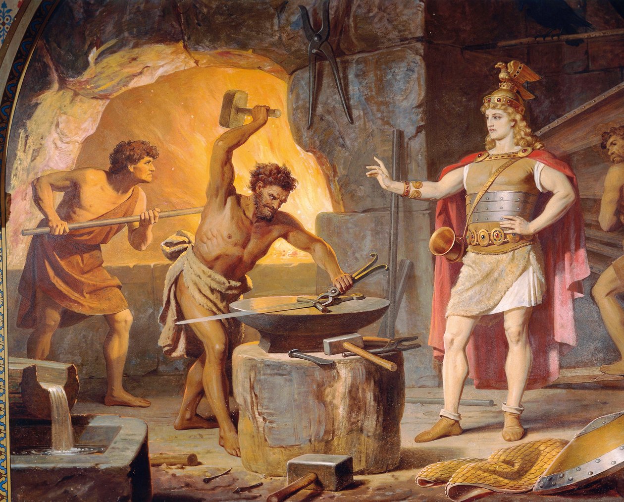 Sigurd går til dværgen Mime, fra Sigurd Sagaen, Nedre Sal, ca. 1882-83 (vægmaleri) af Wilhelm Hauschild