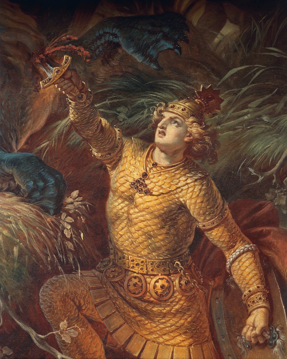 Sigurd dræber dragen Fafuir ved at holde Gramsværdet, detalje, fra Sigurd Sagaen, Nedre Sal, ca. 1882-83 (vægmaleri) (se også 419035) af Wilhelm Hauschild