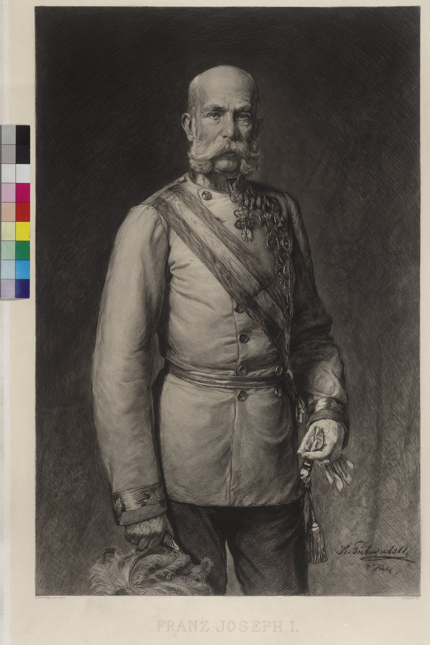 Franz Joseph I i feltmarskallens gallauniform, galla-hatten i den opslåede af Wilhelm Hecht