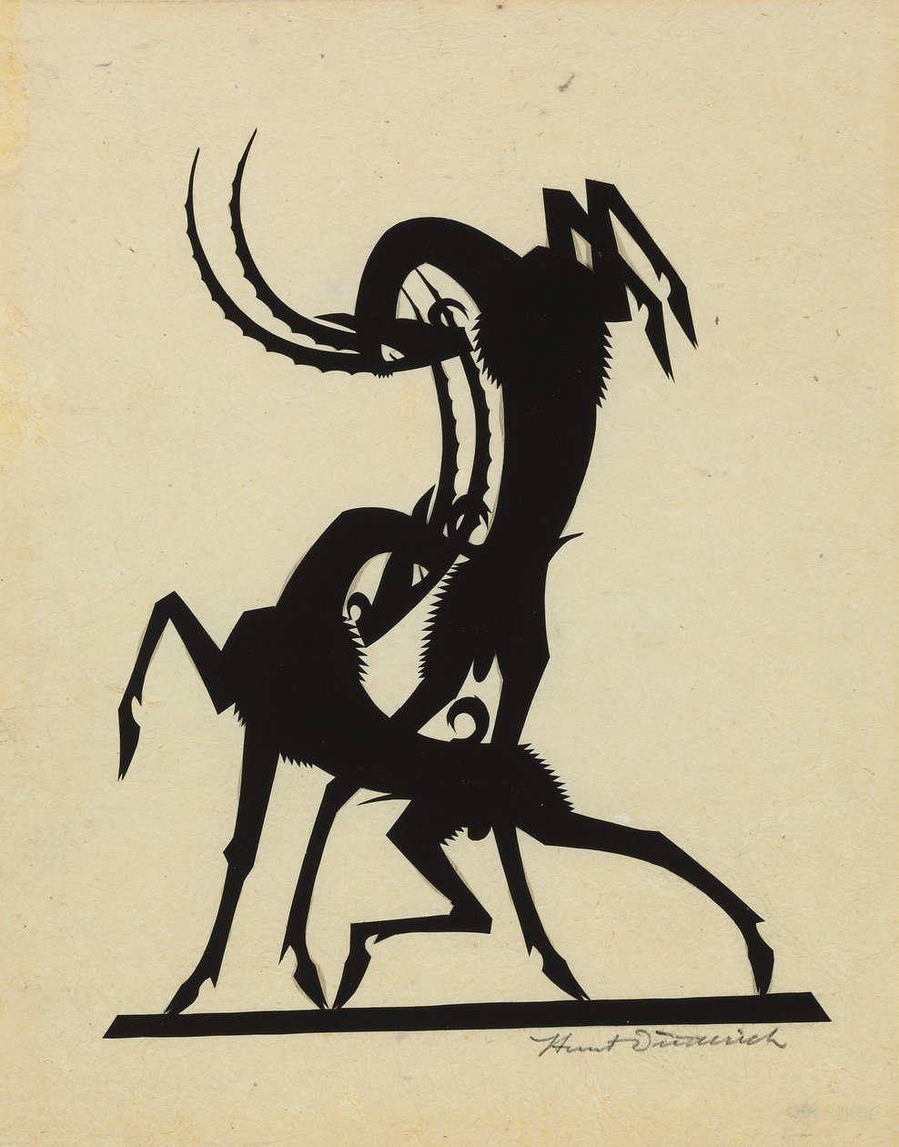 Fighting Goats, ca. 1920 (udskåret papir lagt på væv) af Wilhelm Hunt Diederich