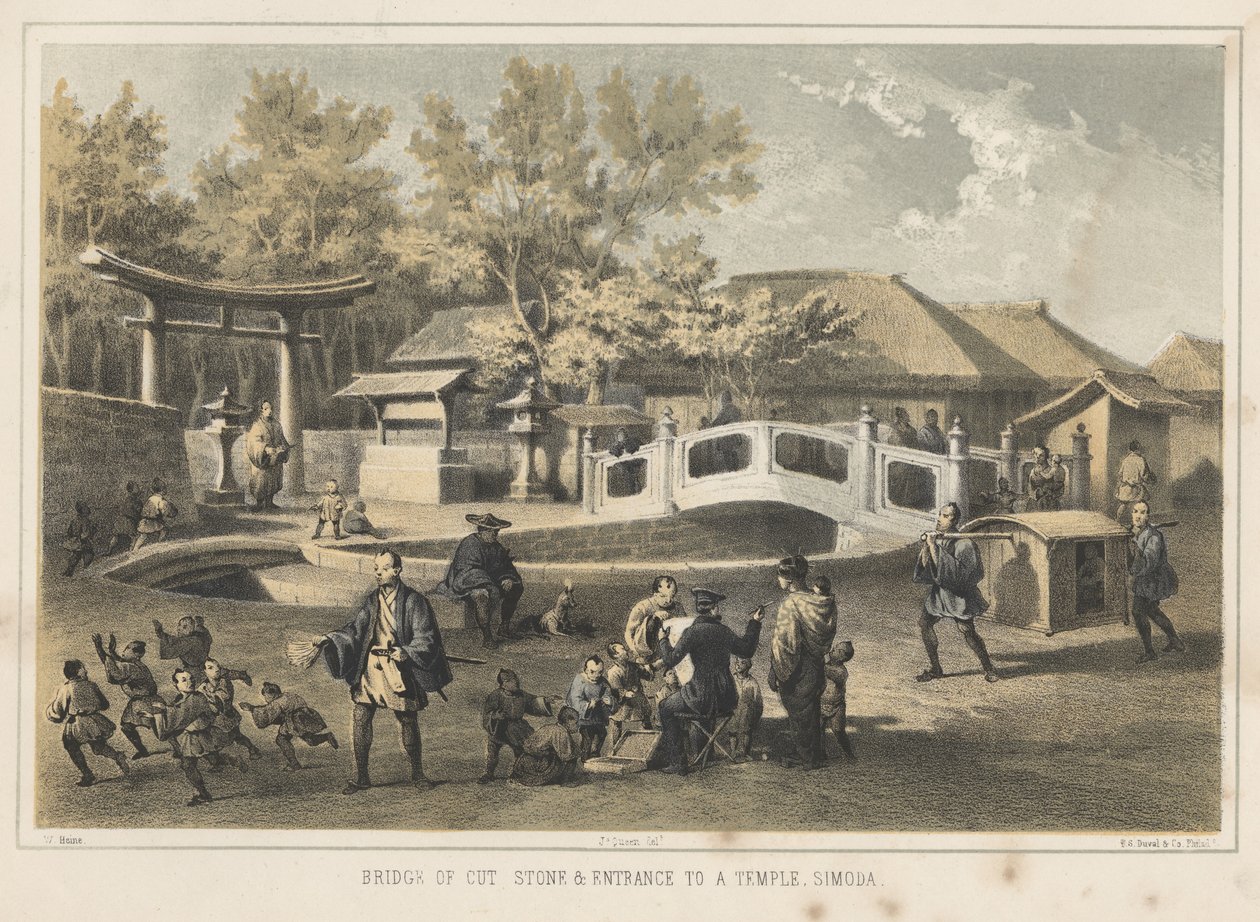 Bro af huggede sten og indgang til et tempel, Simoda, 1855 af Wilhelm Joseph Heine