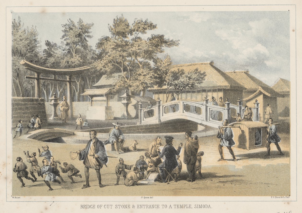 Bro af huggede sten og indgang til et tempel, Simoda, 1855 af Wilhelm Joseph Heine