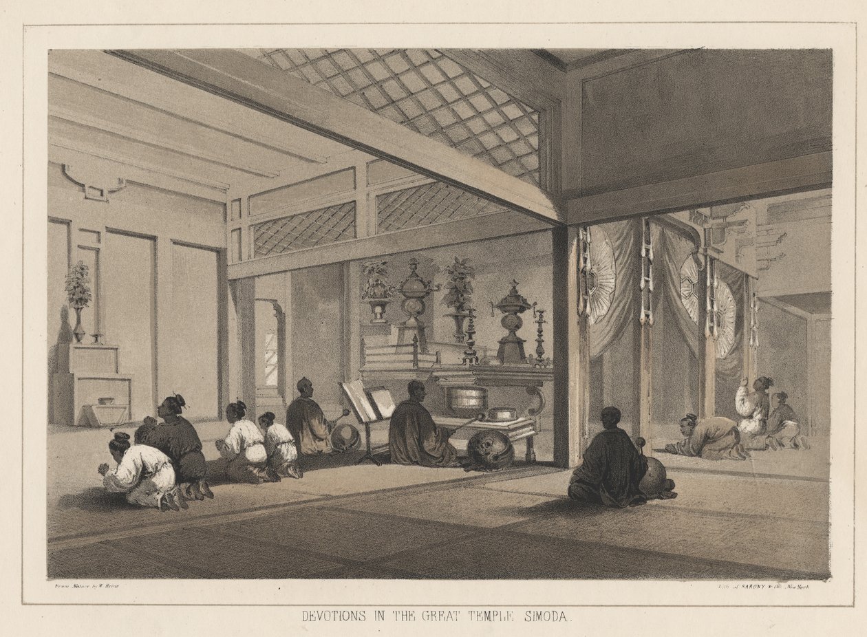 Andagt i det store tempel, Simoda, 1855 af Wilhelm Joseph Heine
