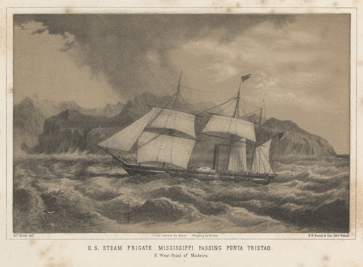 Den amerikanske dampfregat Mississippi passerer Punta Tristao, 1855 af Wilhelm Joseph Heine