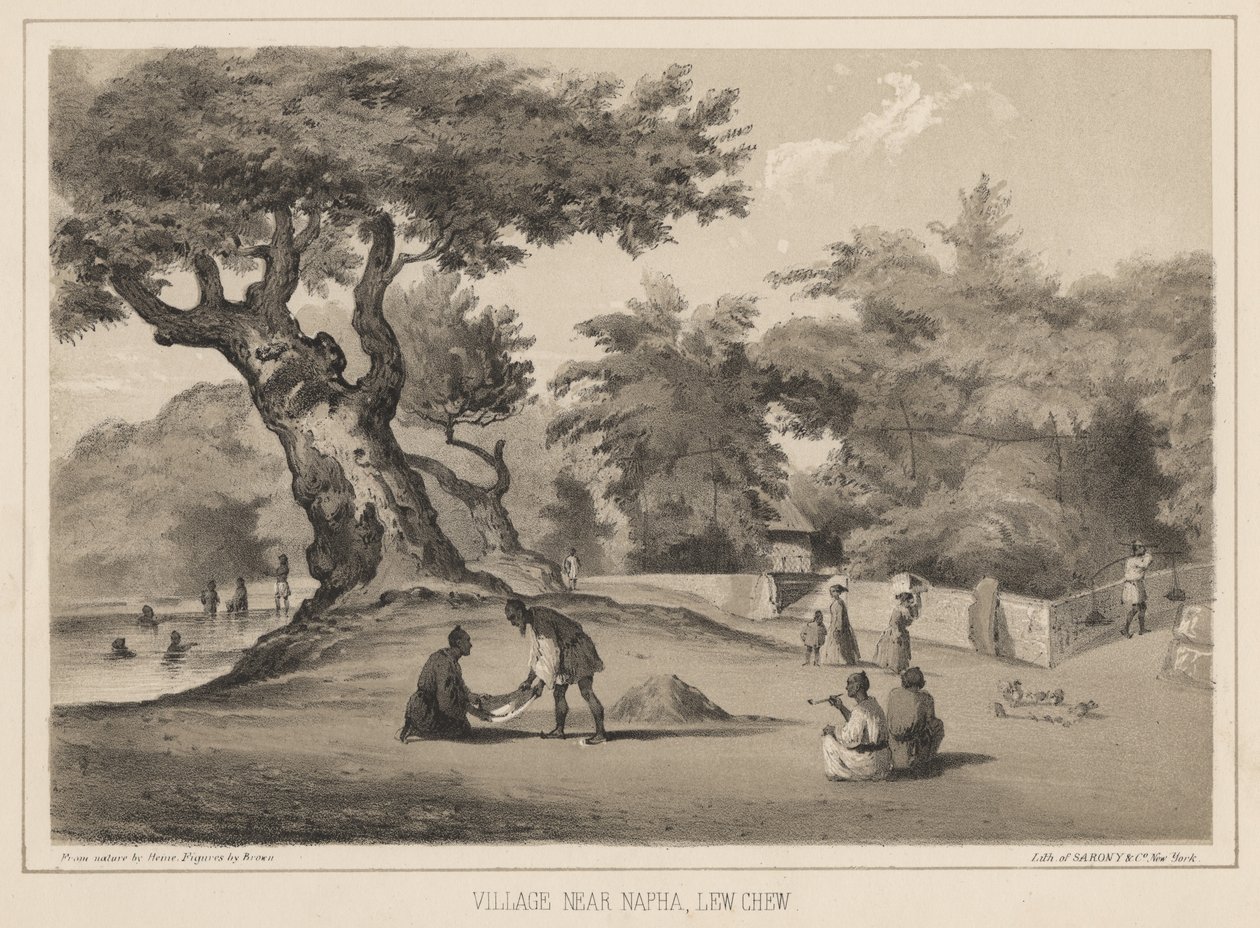 Landsby nær Napha, Lew Chew, 1855 af Wilhelm Joseph Heine