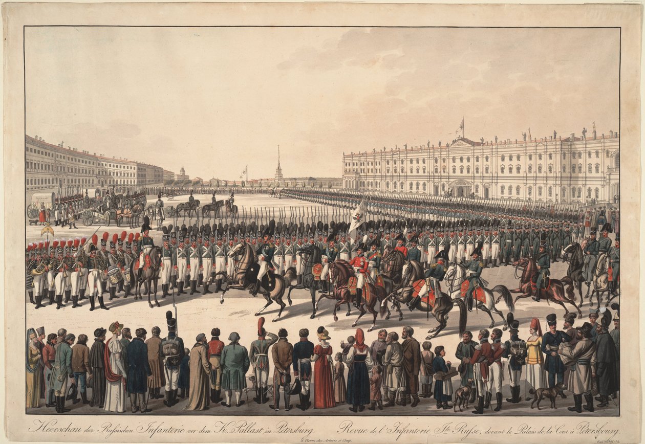 En gennemgang af det russiske infanteri på Slotspladsen i Skt. Petersborg, 1809-1813 af Wilhelm Kobell Ritter von