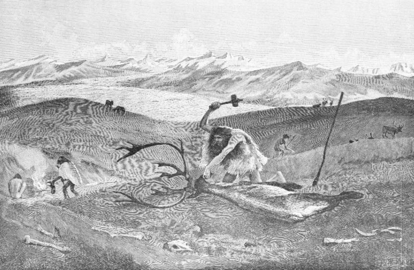 Forhistorie: rensdyrjagt i et morænisk landskab i Schwaben højere end den sidste isperiode; malet af W. Kranz efter en skitse af professor Klaatsh. af Wilhelm Kranz