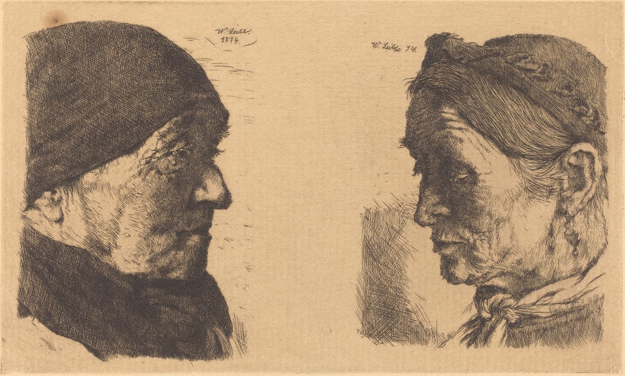 Portræt af en gammel bondekone, i profil til højre, og bondekvinde med lukkede øjne af Wilhelm Maria Hubertus Leibl